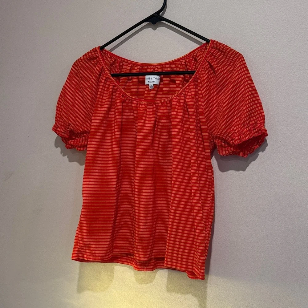 Madewell Red and Black Striped Puff Sleeve Blouse Casual stylish Vacation Ready